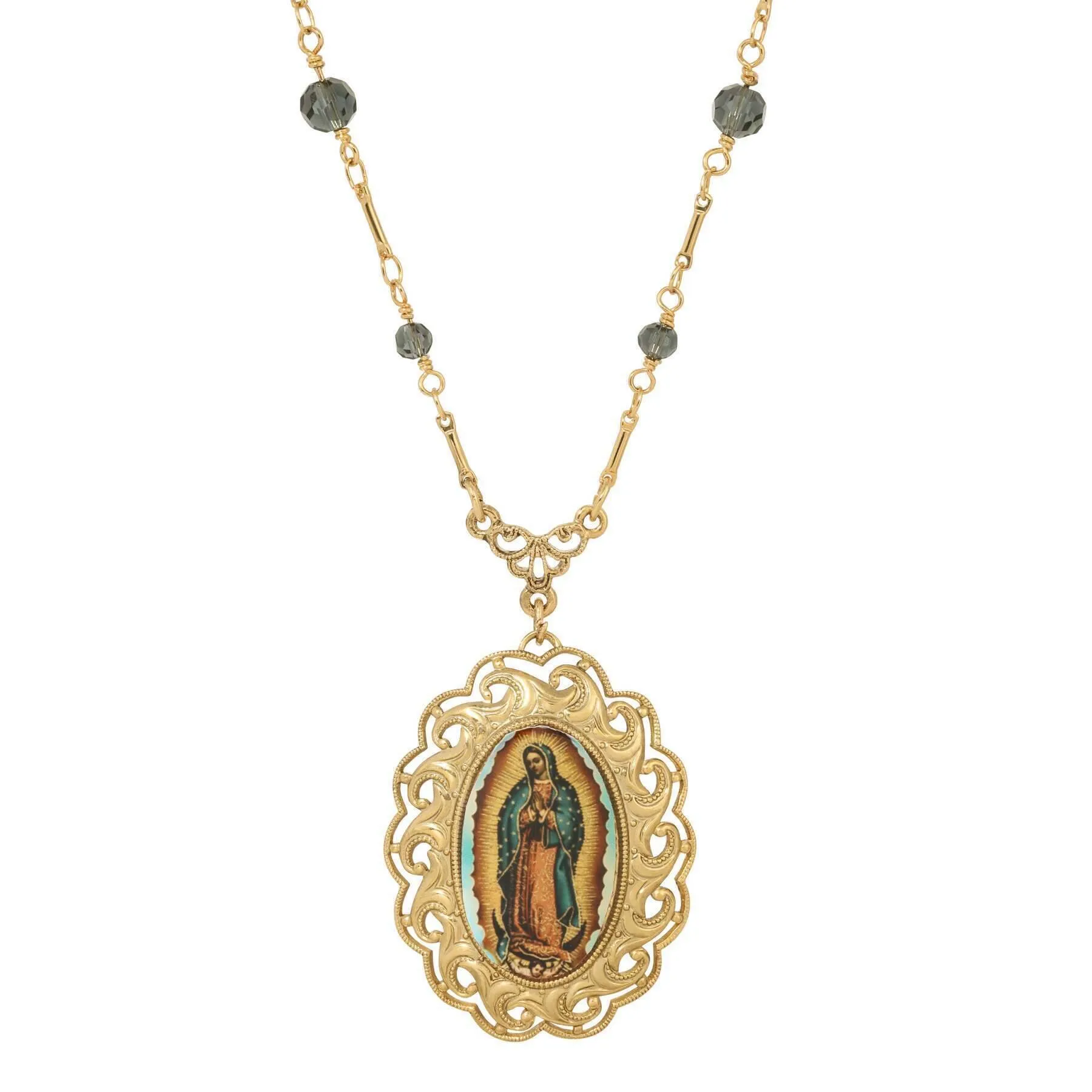 Symbols Of Faith Our Lady Of Guadalupe Radiant Pendant Blue Bead Necklace 20" 1928 Jewelry