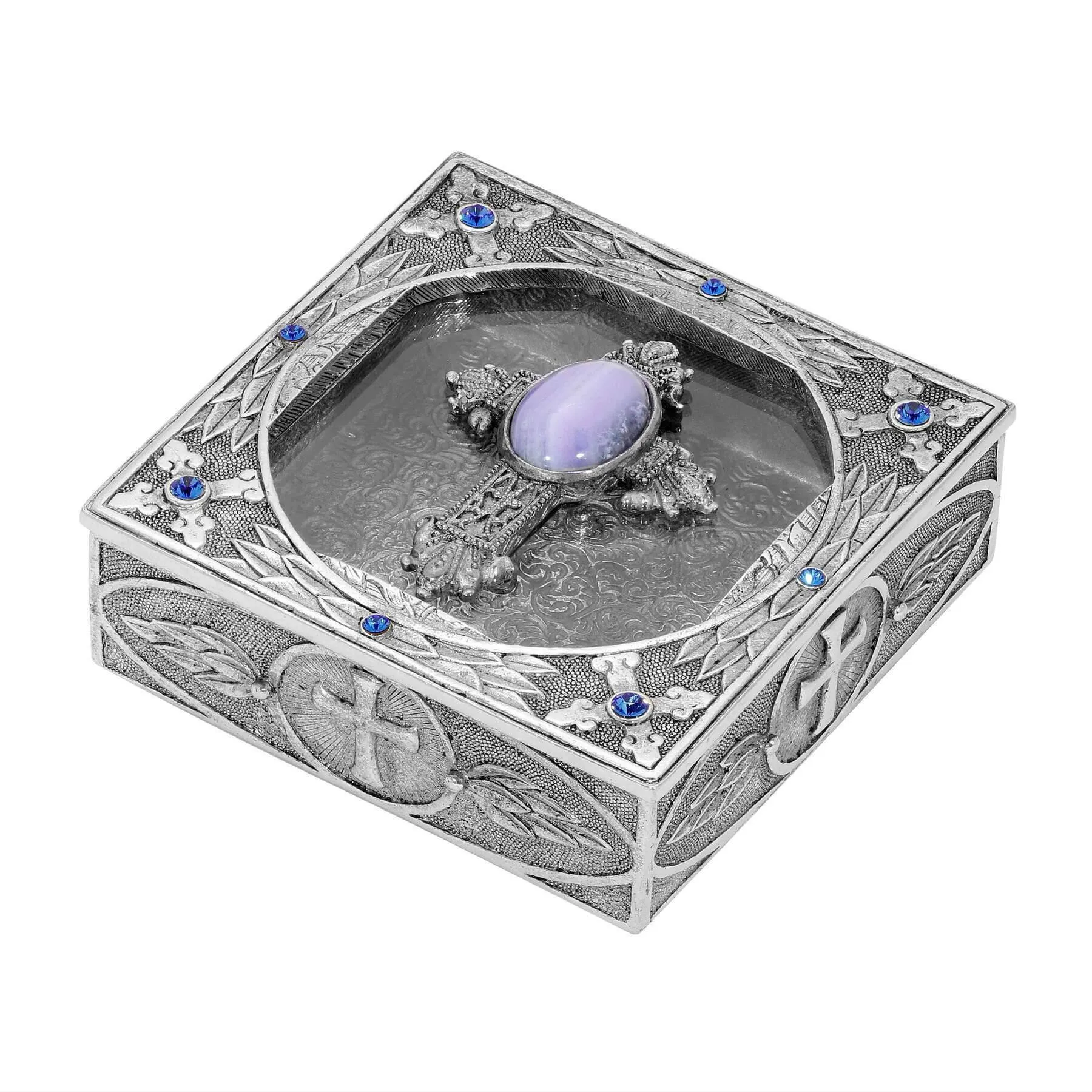 Symbols Of Faith Oval Gemstone Cross And Leaf Pewter Rosary Box 1928 Jewelry