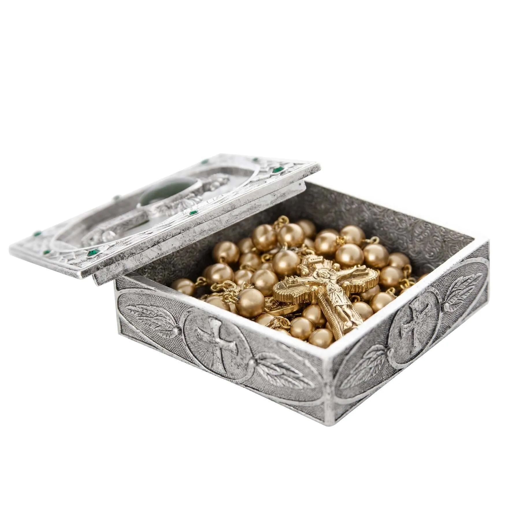 Symbols Of Faith Oval Gemstone Cross And Leaf Pewter Rosary Box 1928 Jewelry