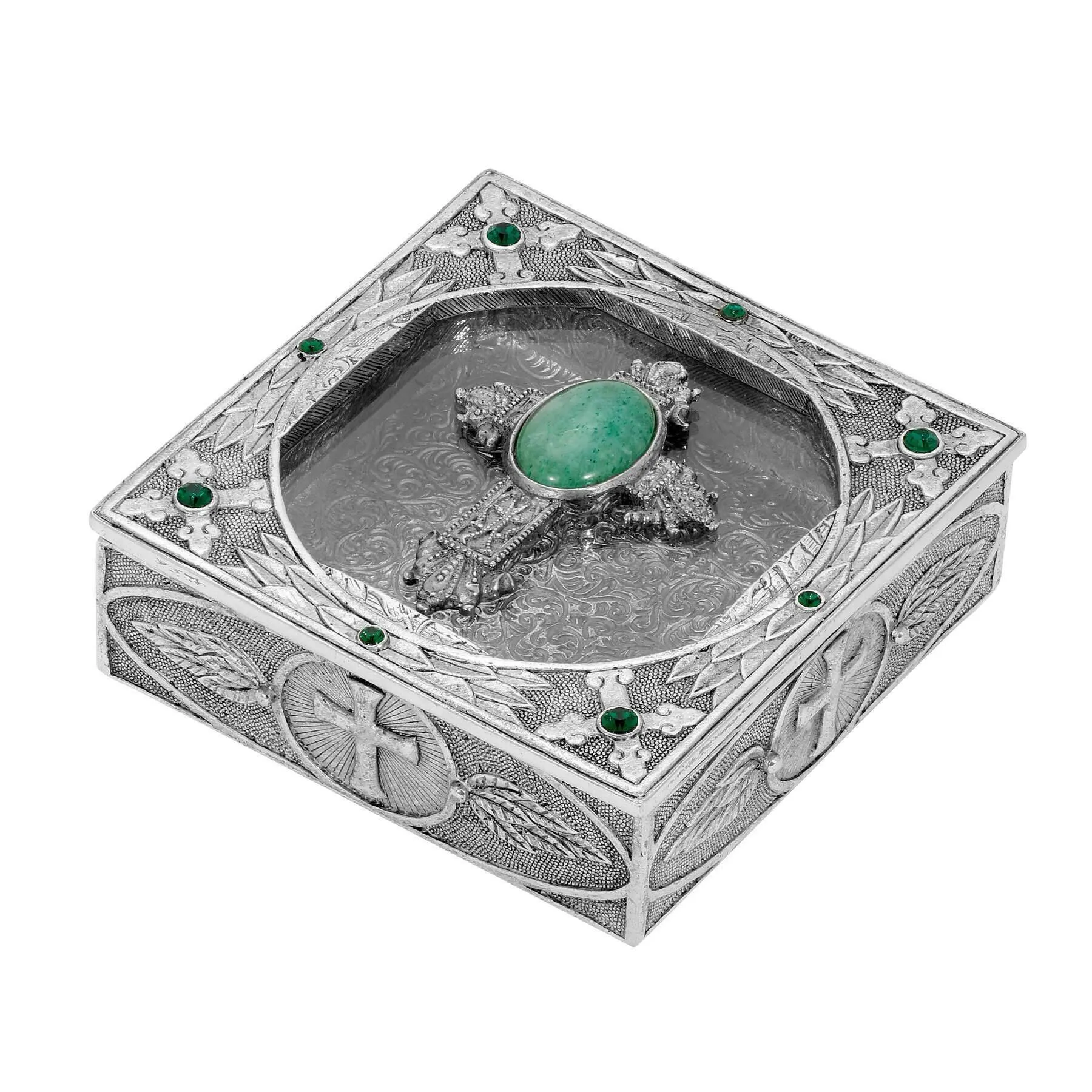 Symbols Of Faith Oval Gemstone Cross And Leaf Pewter Rosary Box 1928 Jewelry