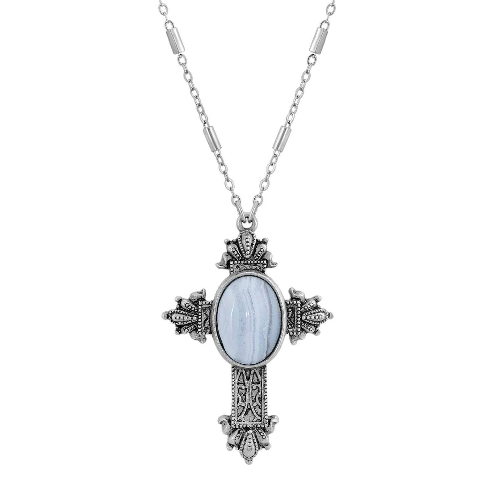 Symbols Of Faith Oval Genuine Gemstone Intricate Cross Pendant Necklace 28" 1928 Jewelry