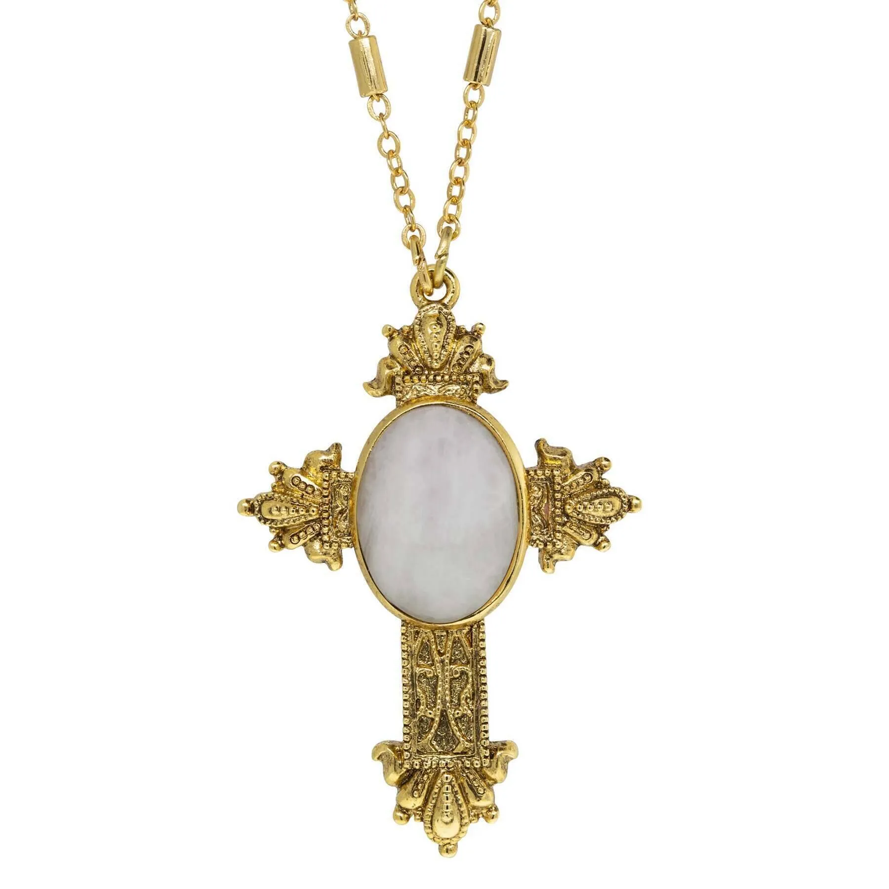 Symbols Of Faith Oval Genuine Gemstone Intricate Cross Pendant Necklace 28" 1928 Jewelry