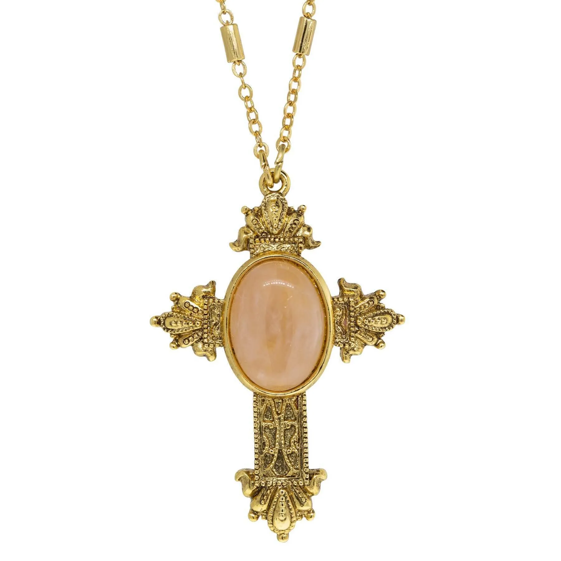 Symbols Of Faith Oval Genuine Gemstone Intricate Cross Pendant Necklace 28" 1928 Jewelry