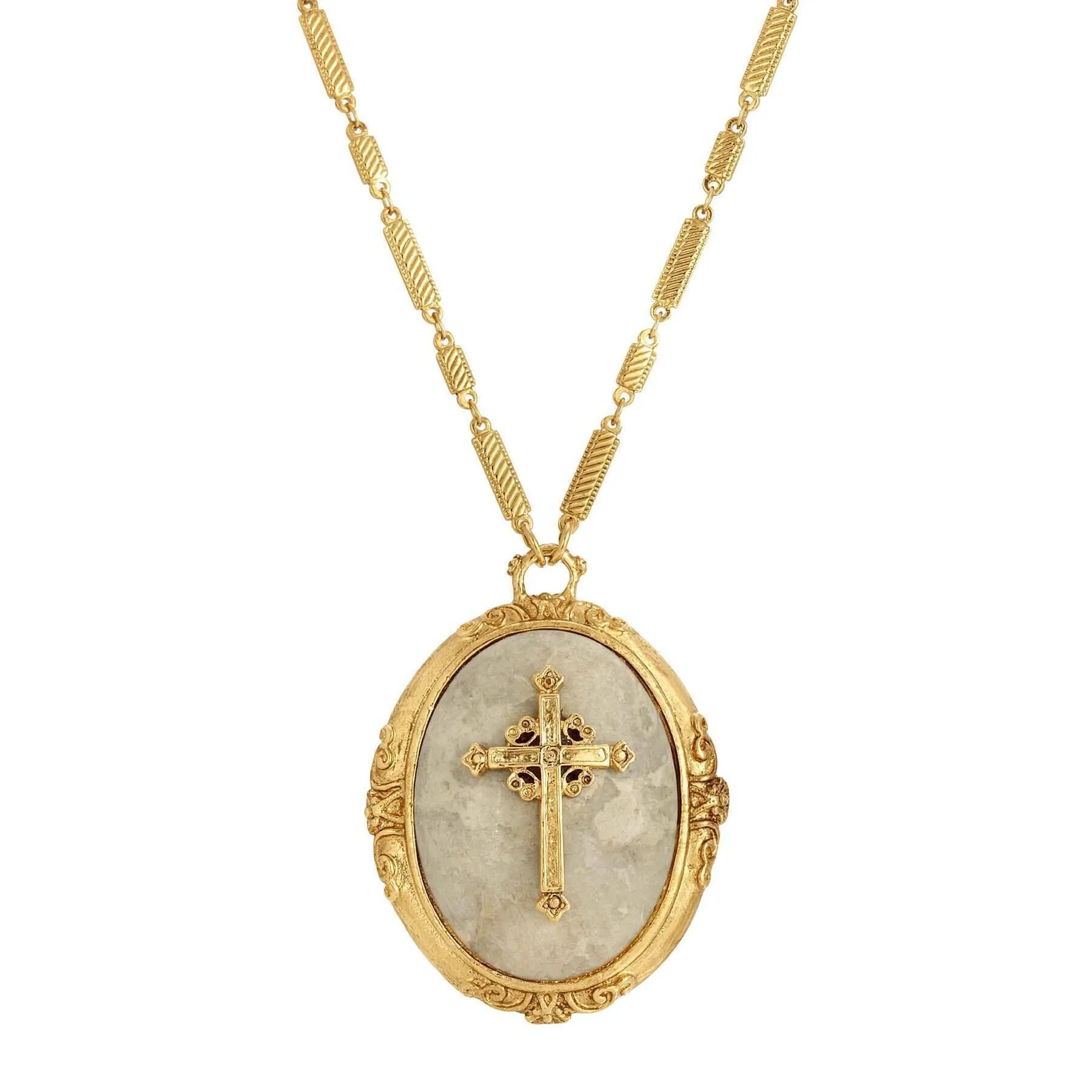 Symbols of Faith Oval Riverstone Cross Pendant Necklace 30" 1928 Jewelry