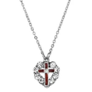 Symbols Of Faith Pewter Blue Enamel Cross Crystal Heart Pendant Necklace 16"   3" Extender 1928 Jewelry