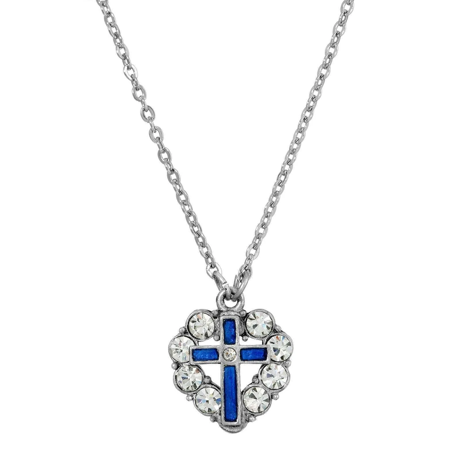 Symbols Of Faith Pewter Blue Enamel Cross Crystal Heart Pendant Necklace 16"   3" Extender 1928 Jewelry