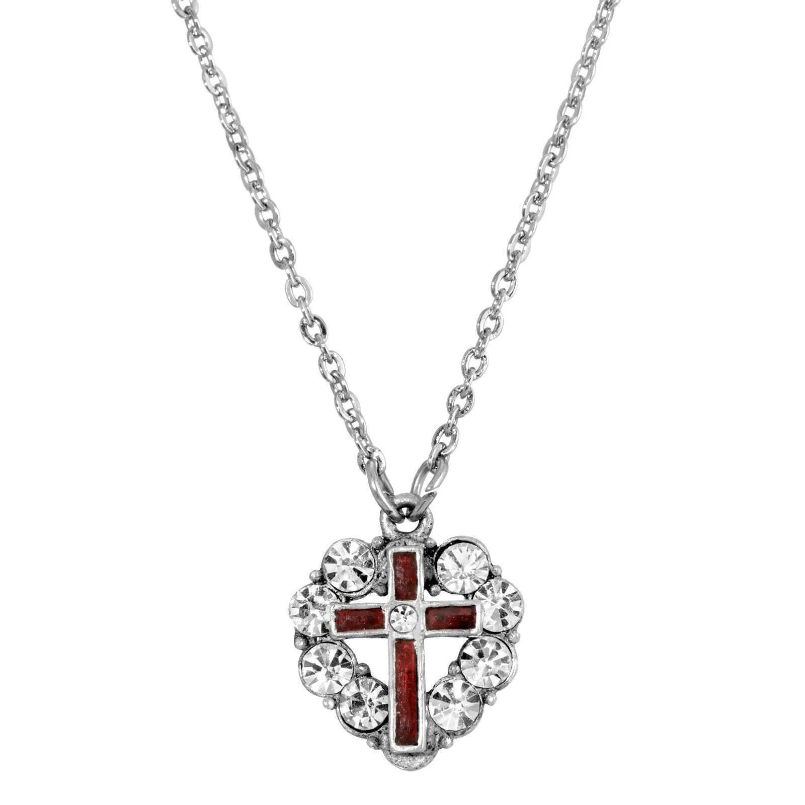 Symbols Of Faith Pewter Blue Enamel Cross Crystal Heart Pendant Necklace 16"   3" Extender 1928 Jewelry