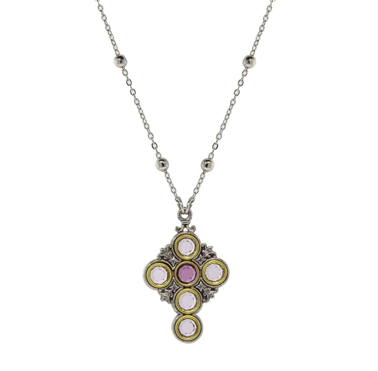 Symbols Of Faith Pewter Cross Chain Light & Dk Purple Round Crystals Pendant Necklace 16"   3" Extender 1928 Jewelry