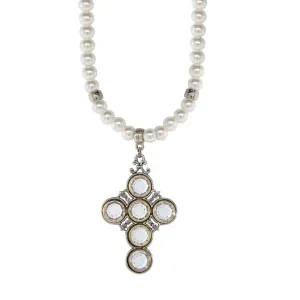 Symbols Of Faith Pewter Crystal Cross 6mm Faux Pearl Strand Pendant Necklace 15"   3" Extender 1928 Jewelry