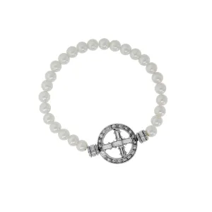 Symbols Of Faith Pewter Crystal Cross Faux Pearl Stretch Bracelet 1928 Jewelry