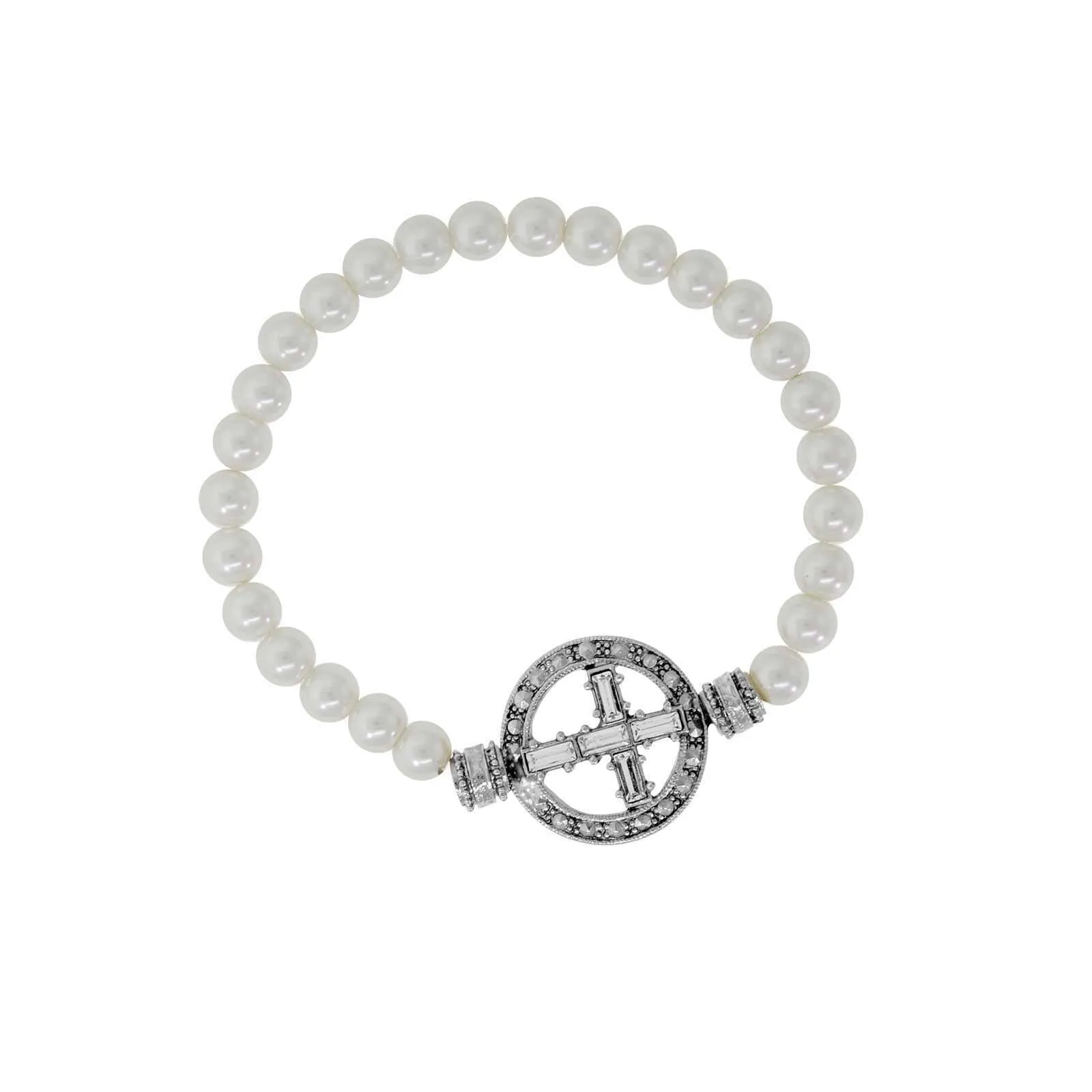 Symbols Of Faith Pewter Crystal Cross Faux Pearl Stretch Bracelet 1928 Jewelry
