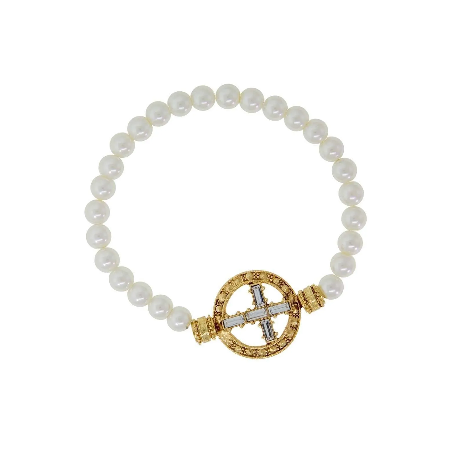 Symbols Of Faith Pewter Crystal Cross Faux Pearl Stretch Bracelet 1928 Jewelry