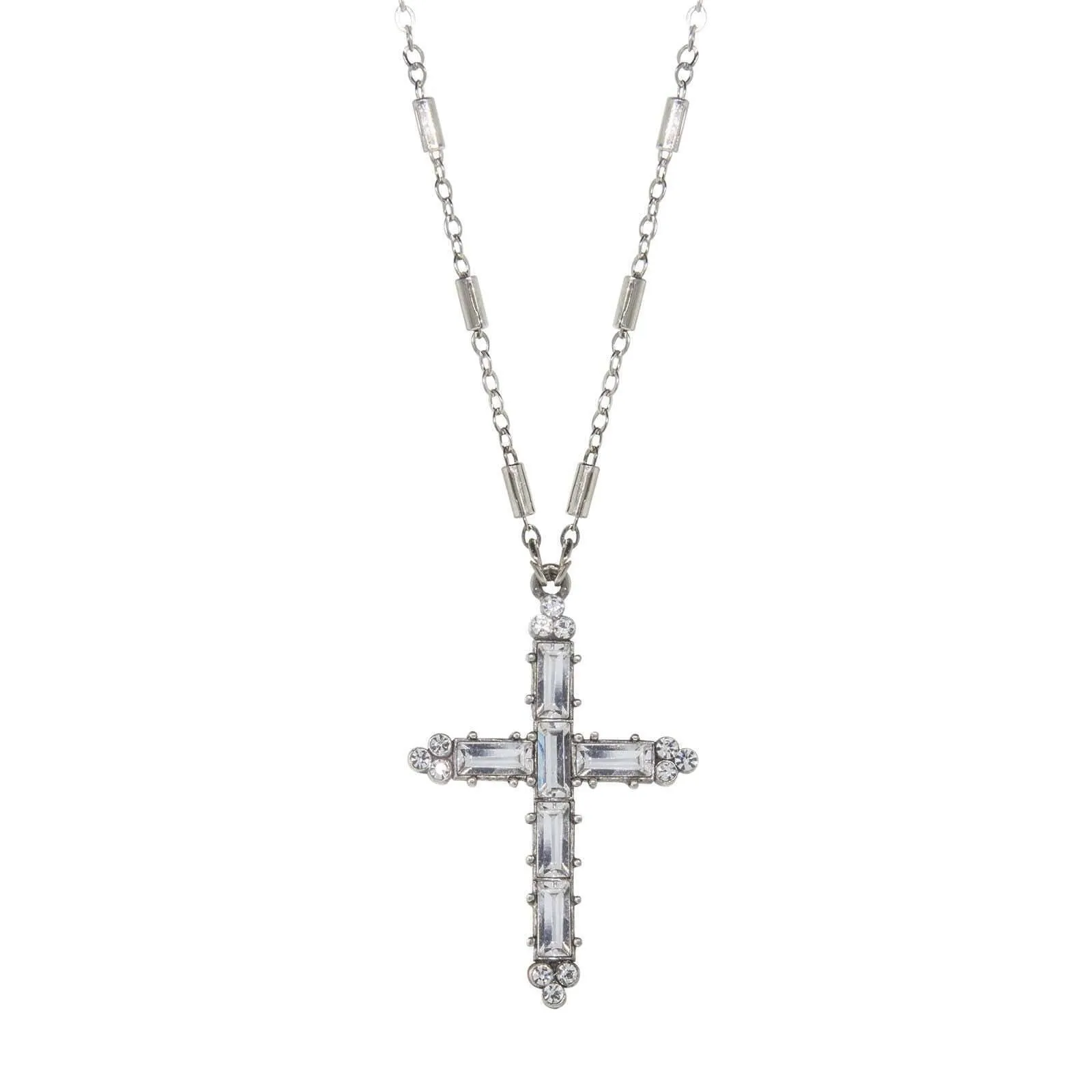 Symbols Of Faith Pewter Crystal Cross Pendant Necklace 20" 1928 Jewelry