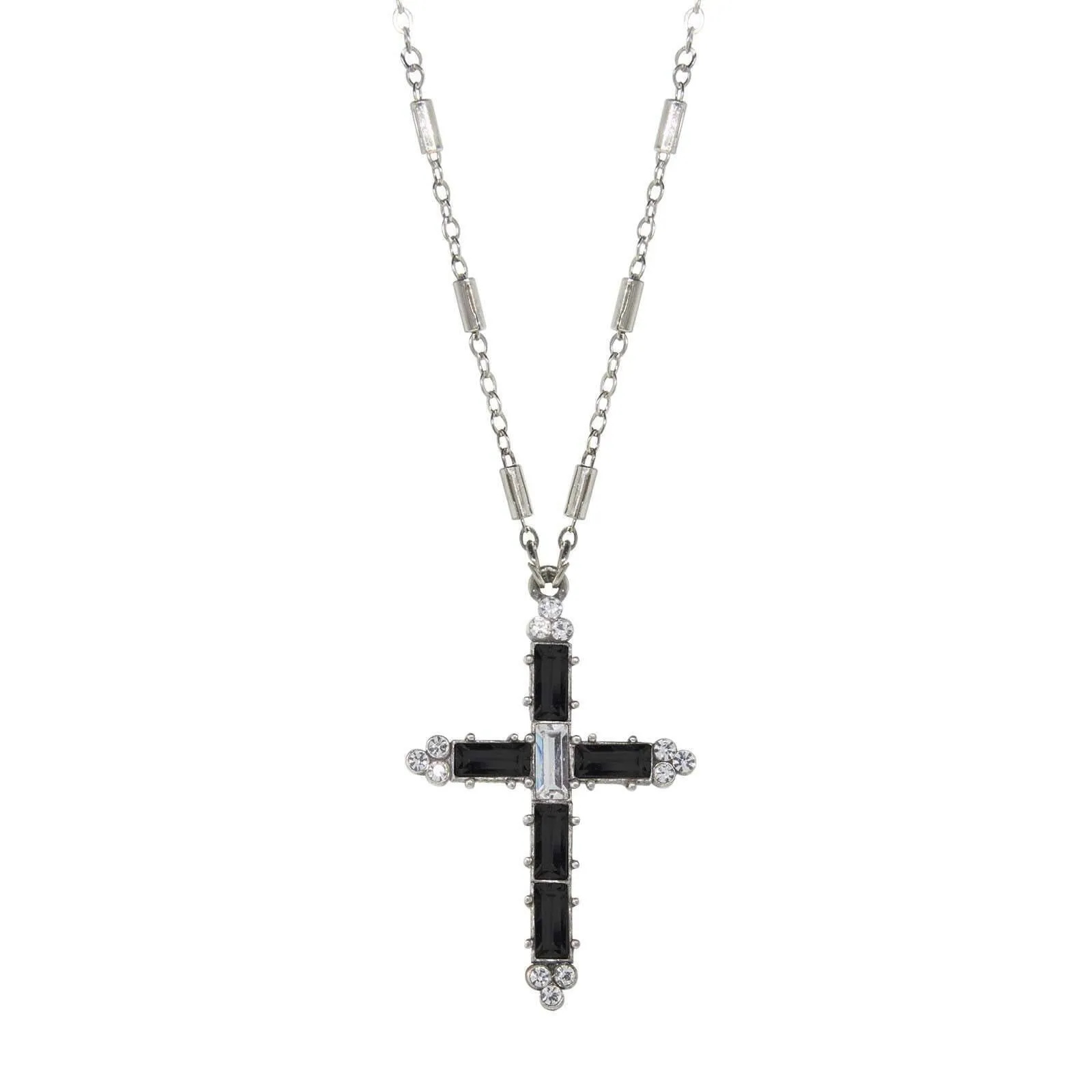 Symbols Of Faith Pewter Crystal Cross Pendant Necklace 20" 1928 Jewelry