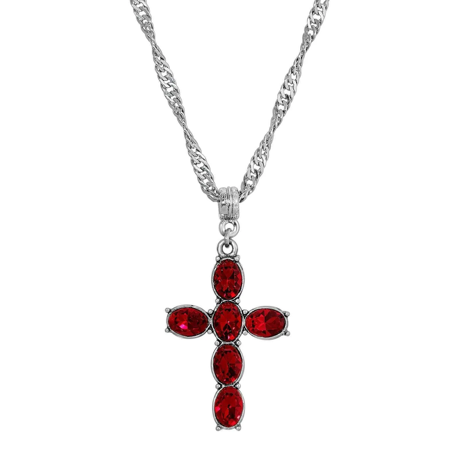 Symbols Of Faith Pewter Crystal Cross Twisted Pendant Necklace 20" 1928 Jewelry