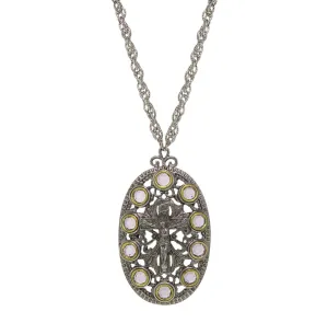 Symbols Of Faith Pewter Purple Austrian Crystal Rosary Crucifix Cross Oval Pendant Necklace 28" 1928 Jewelry
