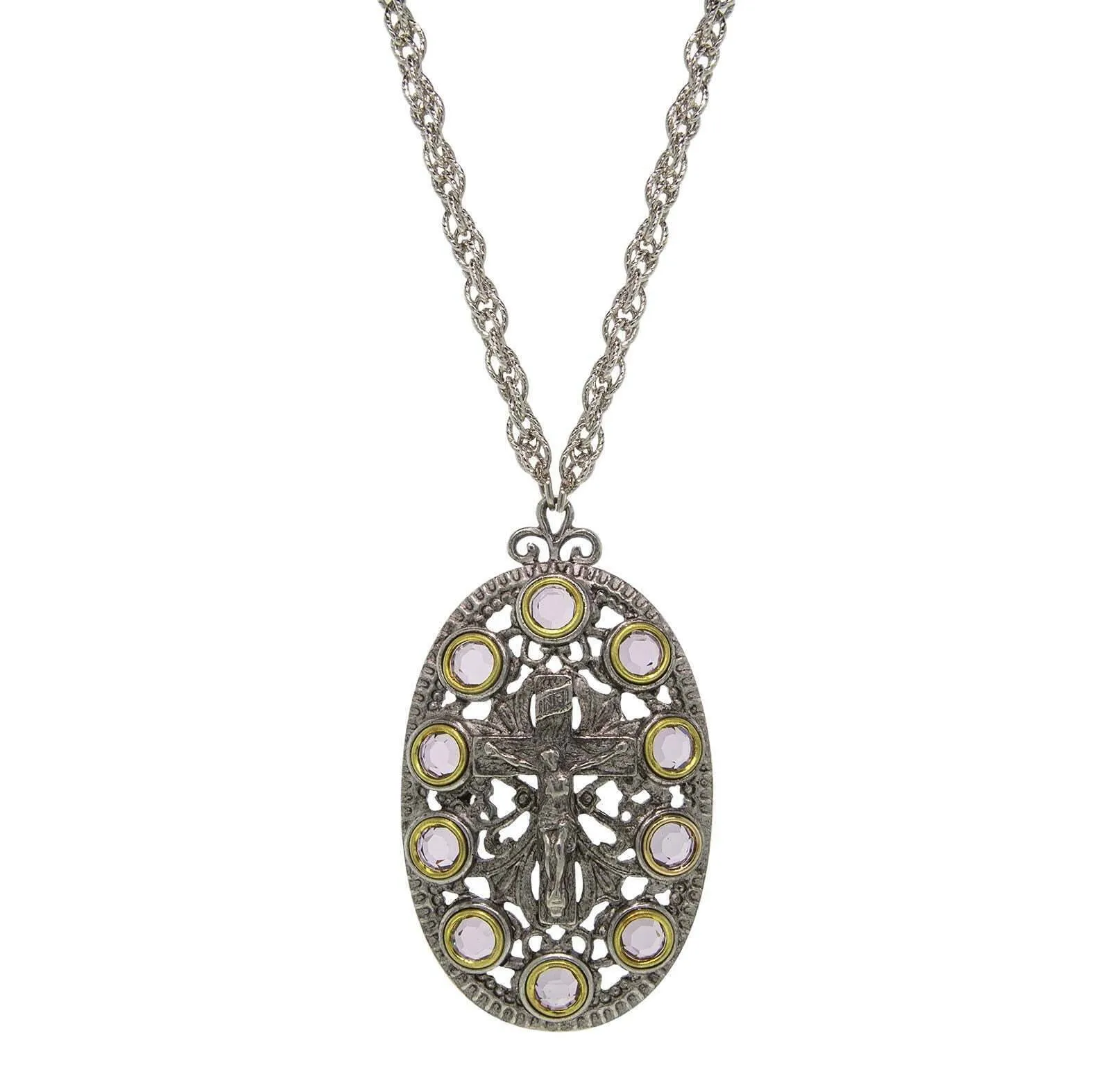 Symbols Of Faith Pewter Purple Austrian Crystal Rosary Crucifix Cross Oval Pendant Necklace 28" 1928 Jewelry
