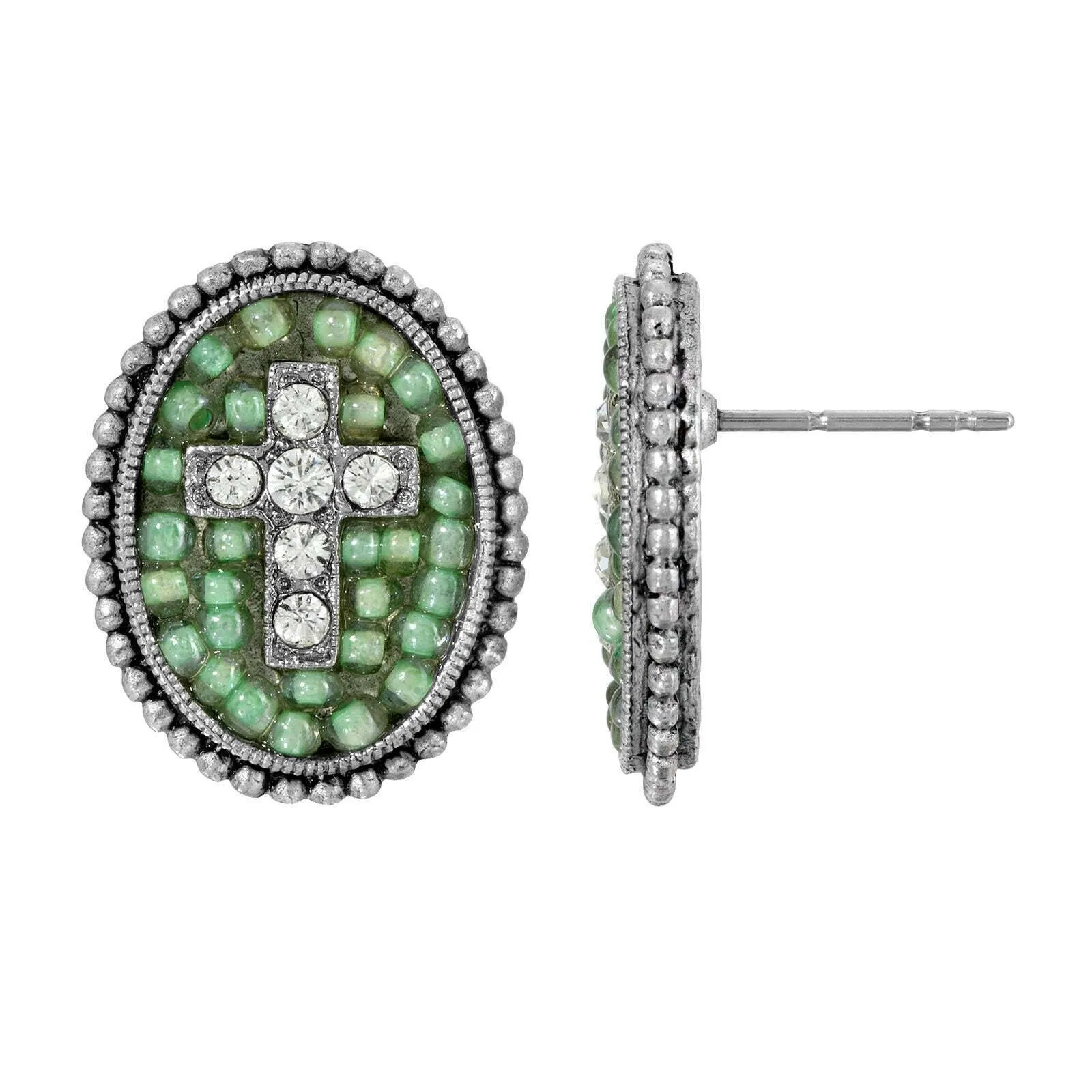 Symbols Of Faith Pewter Seeded Beads & Crystal Cross Oval Button Post Earrings 1928 Jewelry