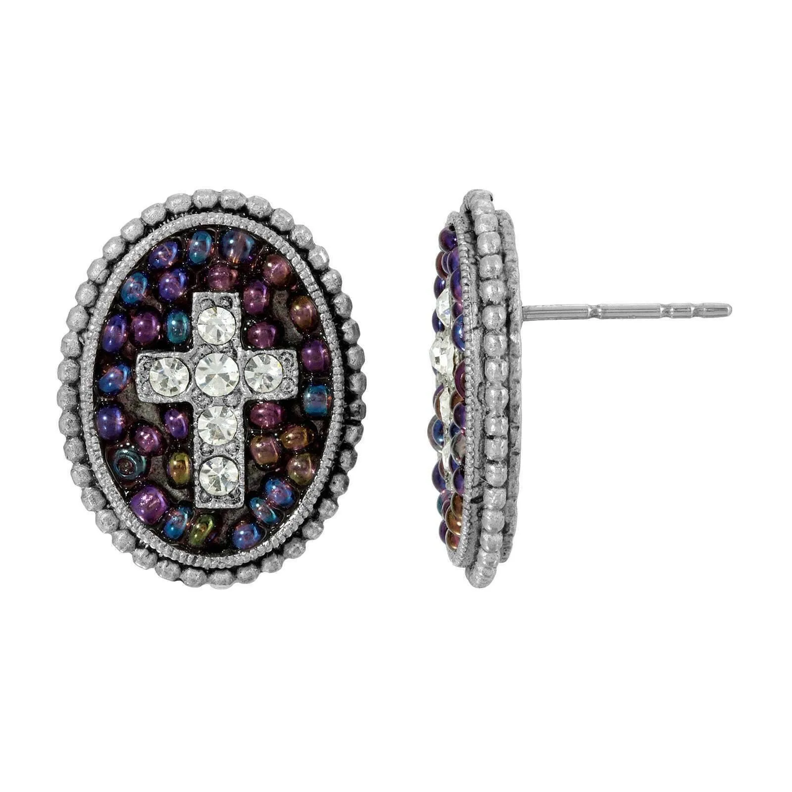 Symbols Of Faith Pewter Seeded Beads & Crystal Cross Oval Button Post Earrings 1928 Jewelry