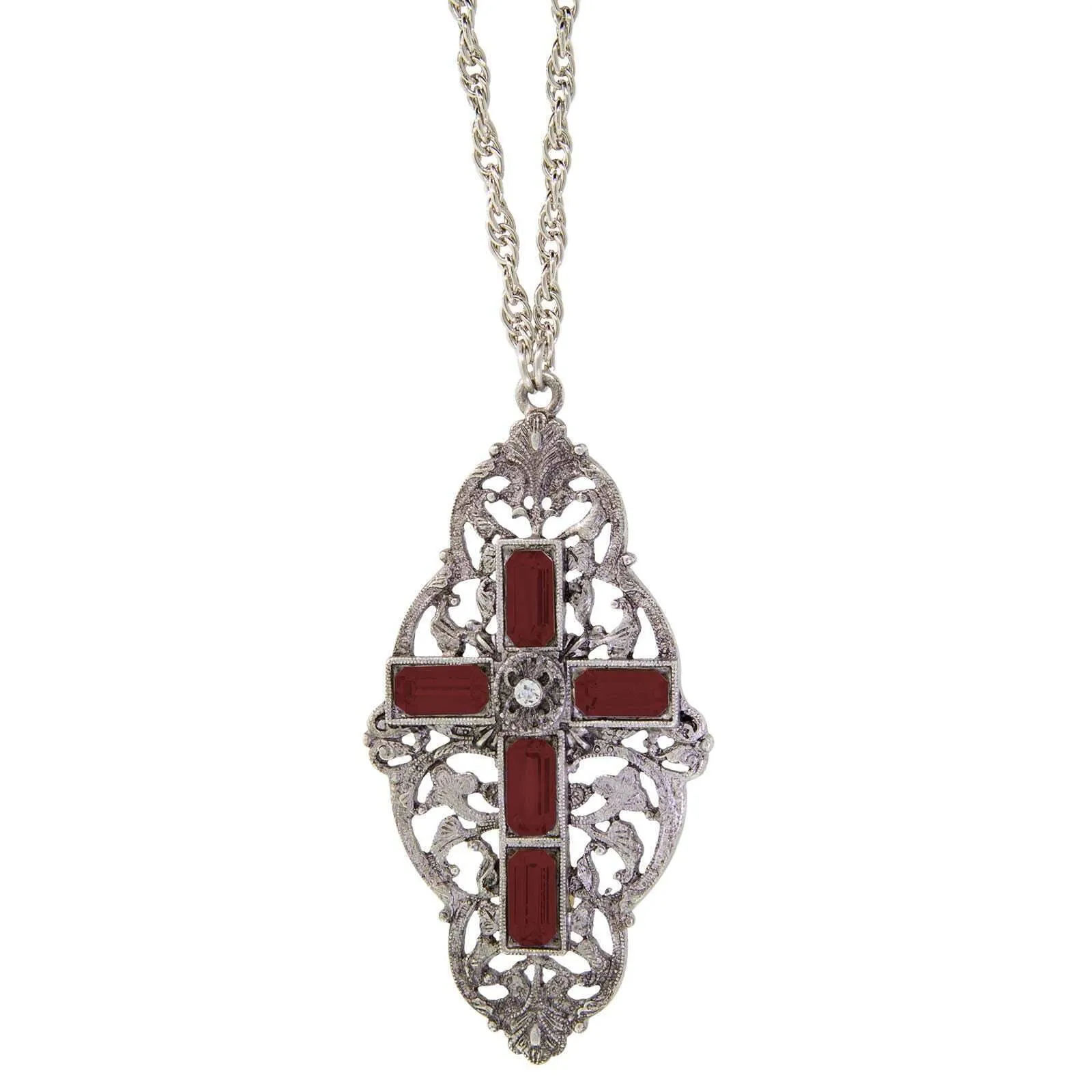 Symbols Of Faith Pewter Stone Cross Pendant Necklace 28" 1928 Jewelry