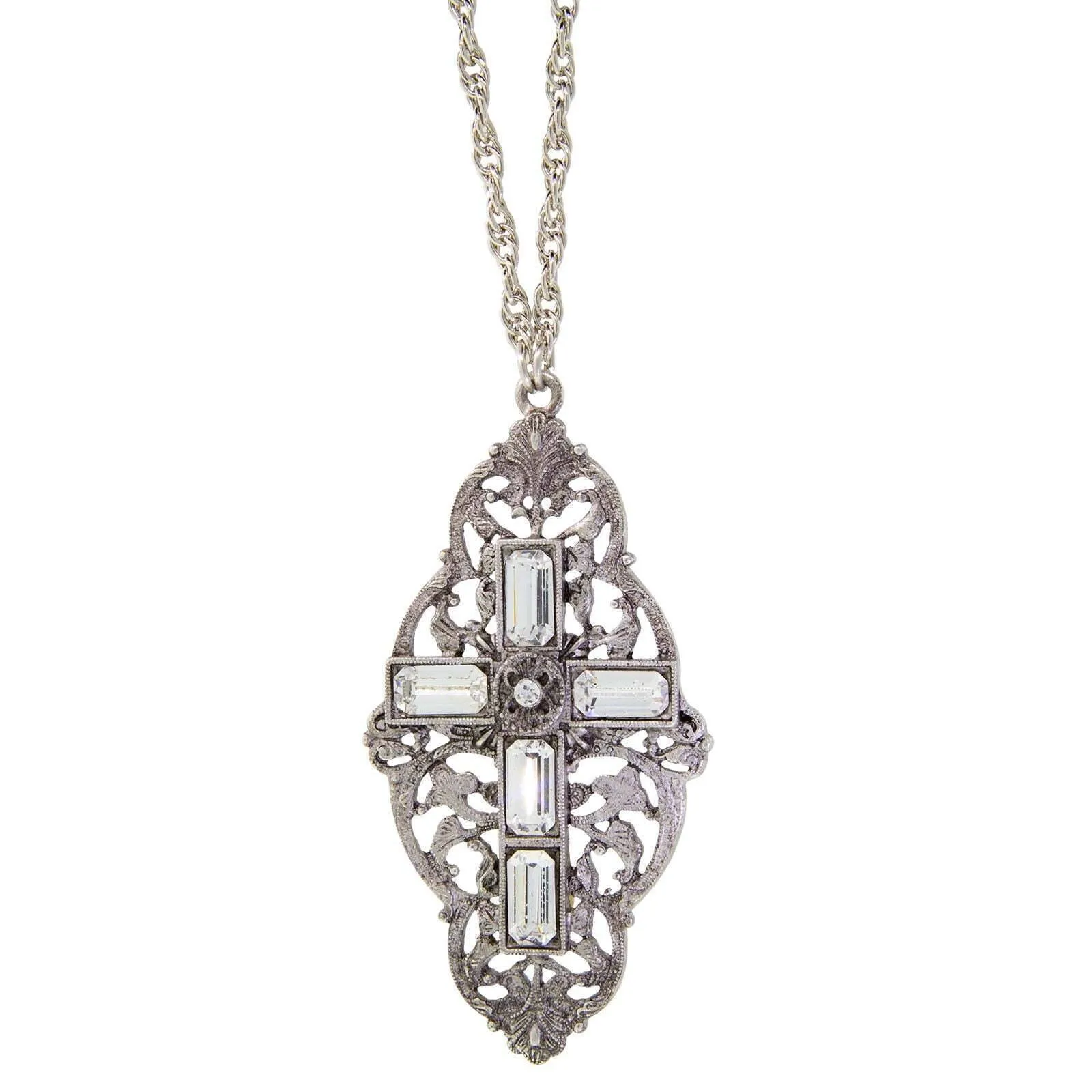 Symbols Of Faith Pewter Stone Cross Pendant Necklace 28" 1928 Jewelry