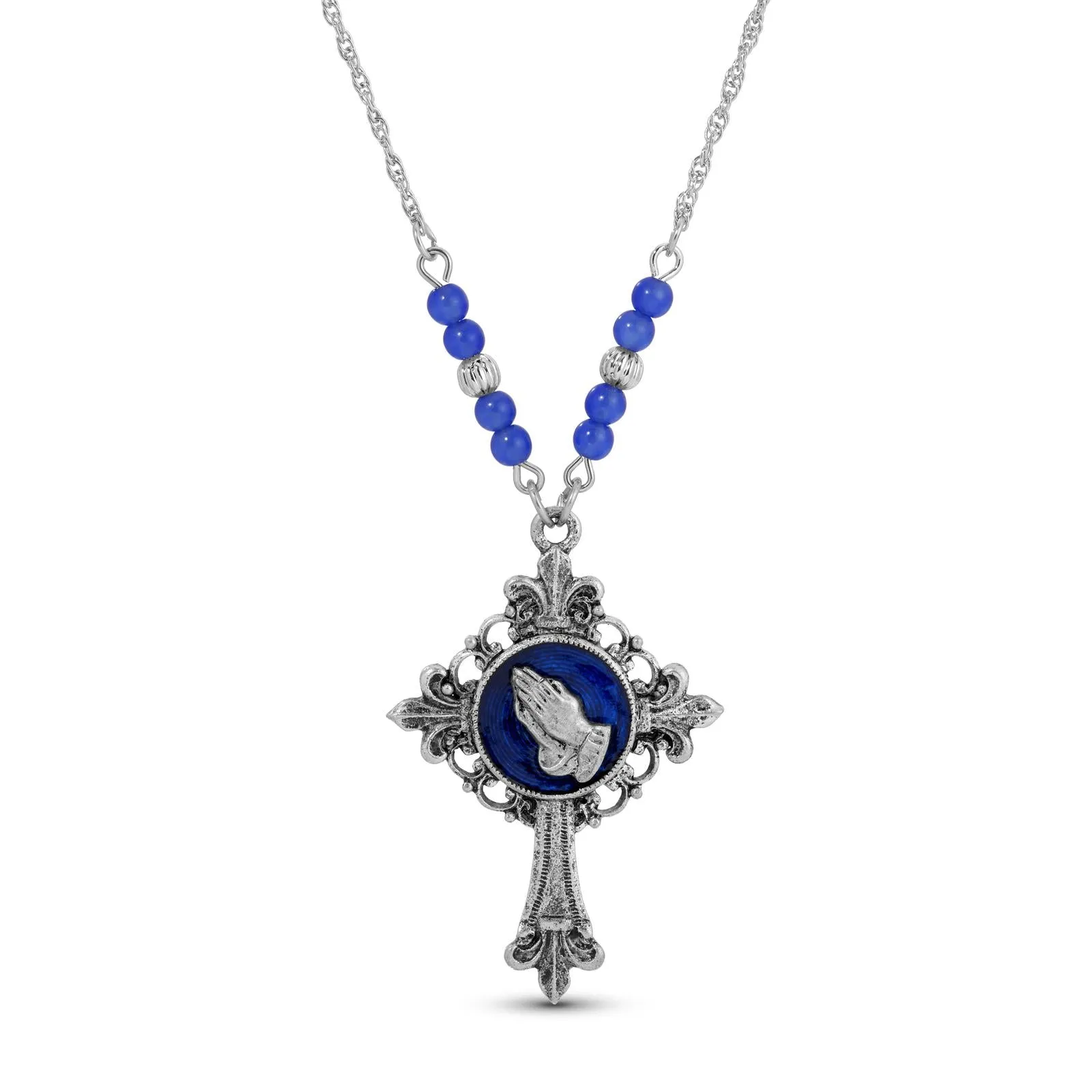 Symbols Of Faith Praying Hands Fleur De Lis Cross Pendant Necklace 18" 1928 Jewelry