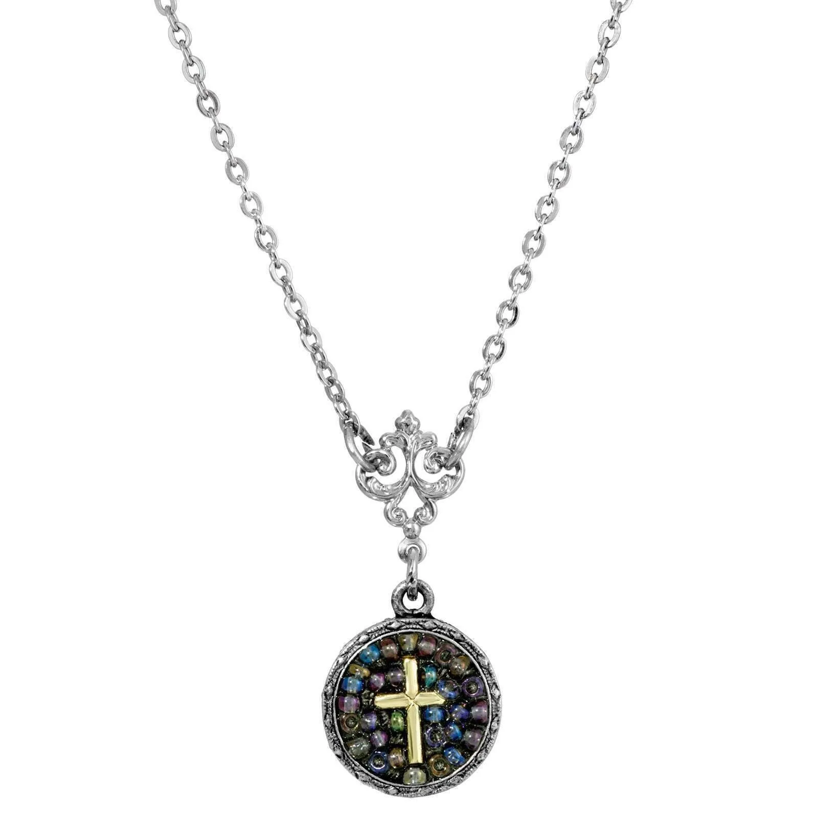 Symbols Of Faith Purple Seeded Beads Cross Round Pendant Necklace 16"   3" Extender 1928 Jewelry