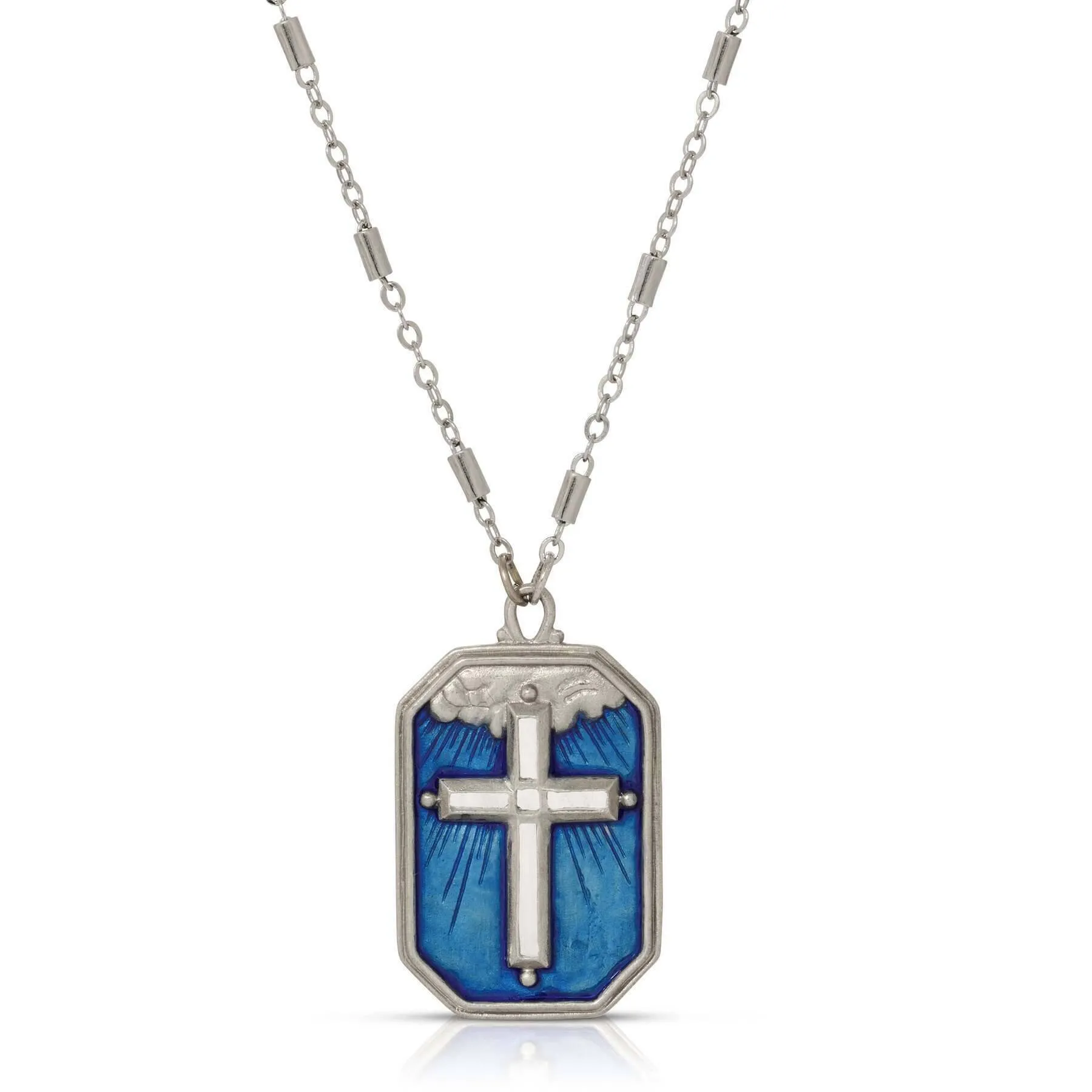 Symbols Of Faith Radiant Cross In The Blue Sky Enamel Pendant Necklace 24" 1928 Jewelry