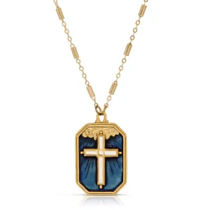 Symbols Of Faith Radiant Cross In The Blue Sky Enamel Pendant Necklace 24" 1928 Jewelry