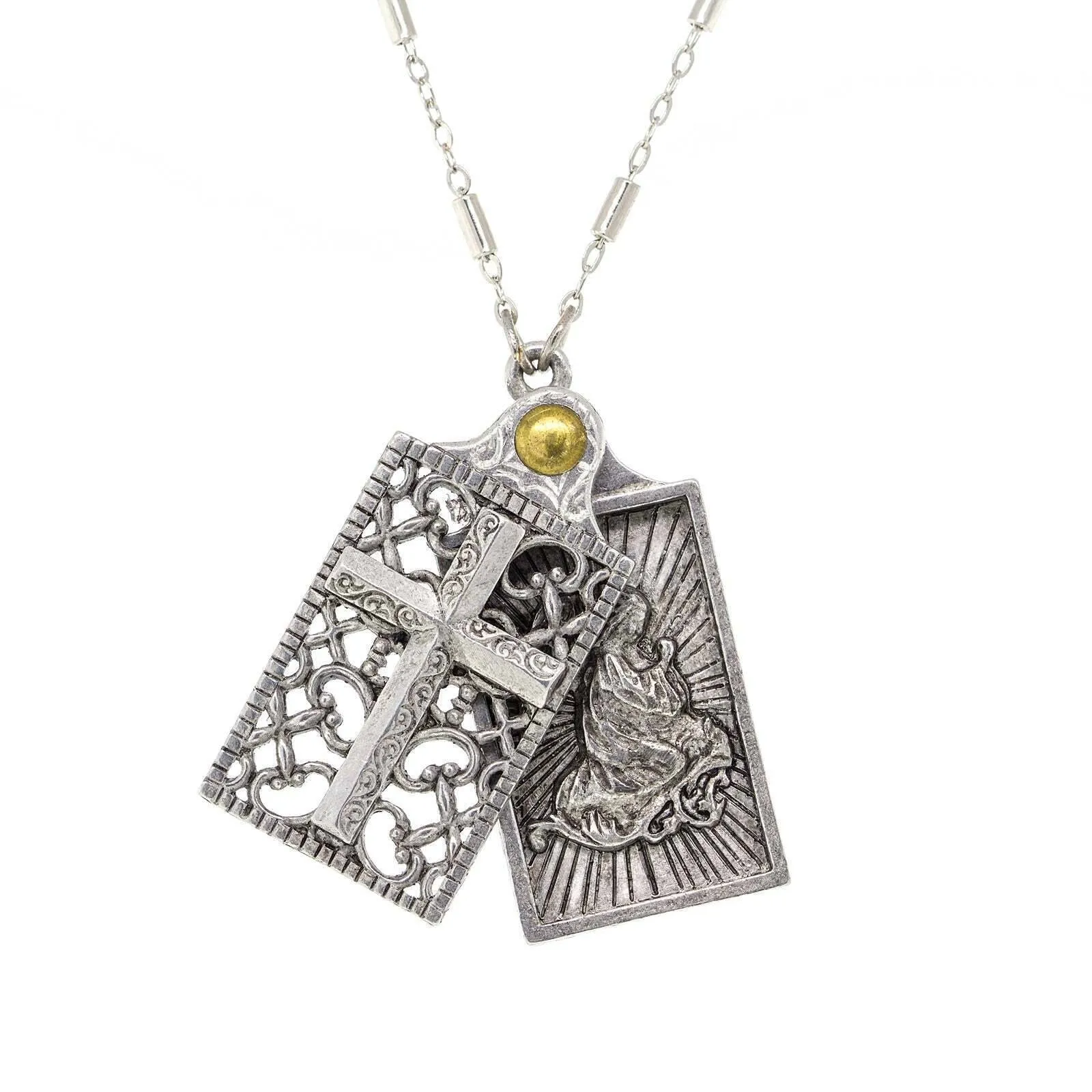 Symbols Of Faith Rectangular Cross and Angel Slide Locket Necklace 28" 1928 Jewelry