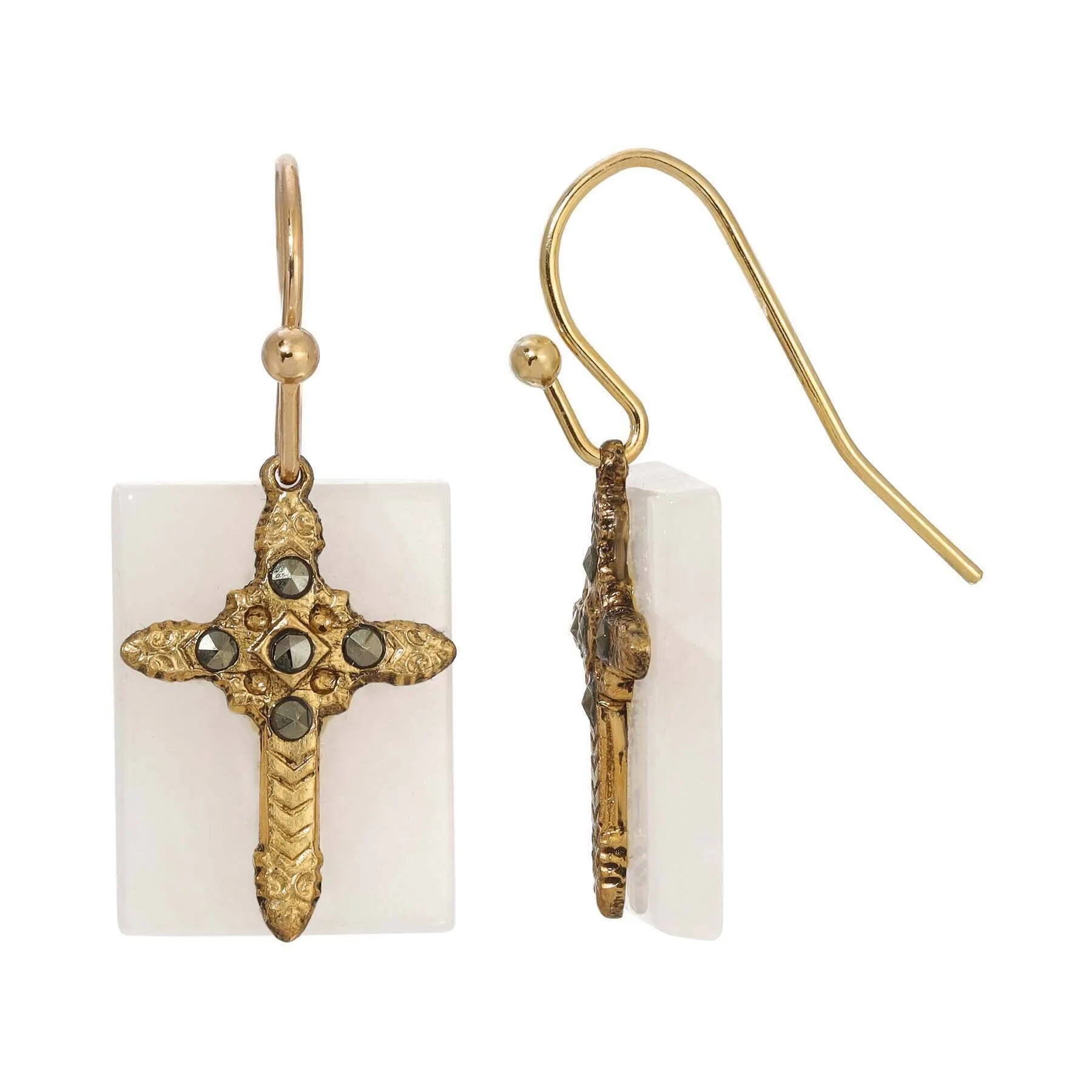 Symbols Of Faith Rectangular Gemstone Marcasite Stone Cross Drop Earrings 1928 Jewelry