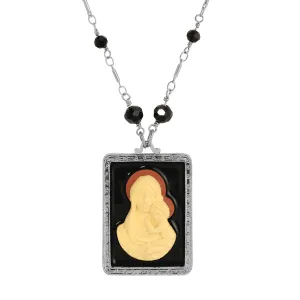 Symbols Of Faith Rectangular Madonna And Child Cameo Black Enamel Pendant Necklace 30" 1928 Jewelry