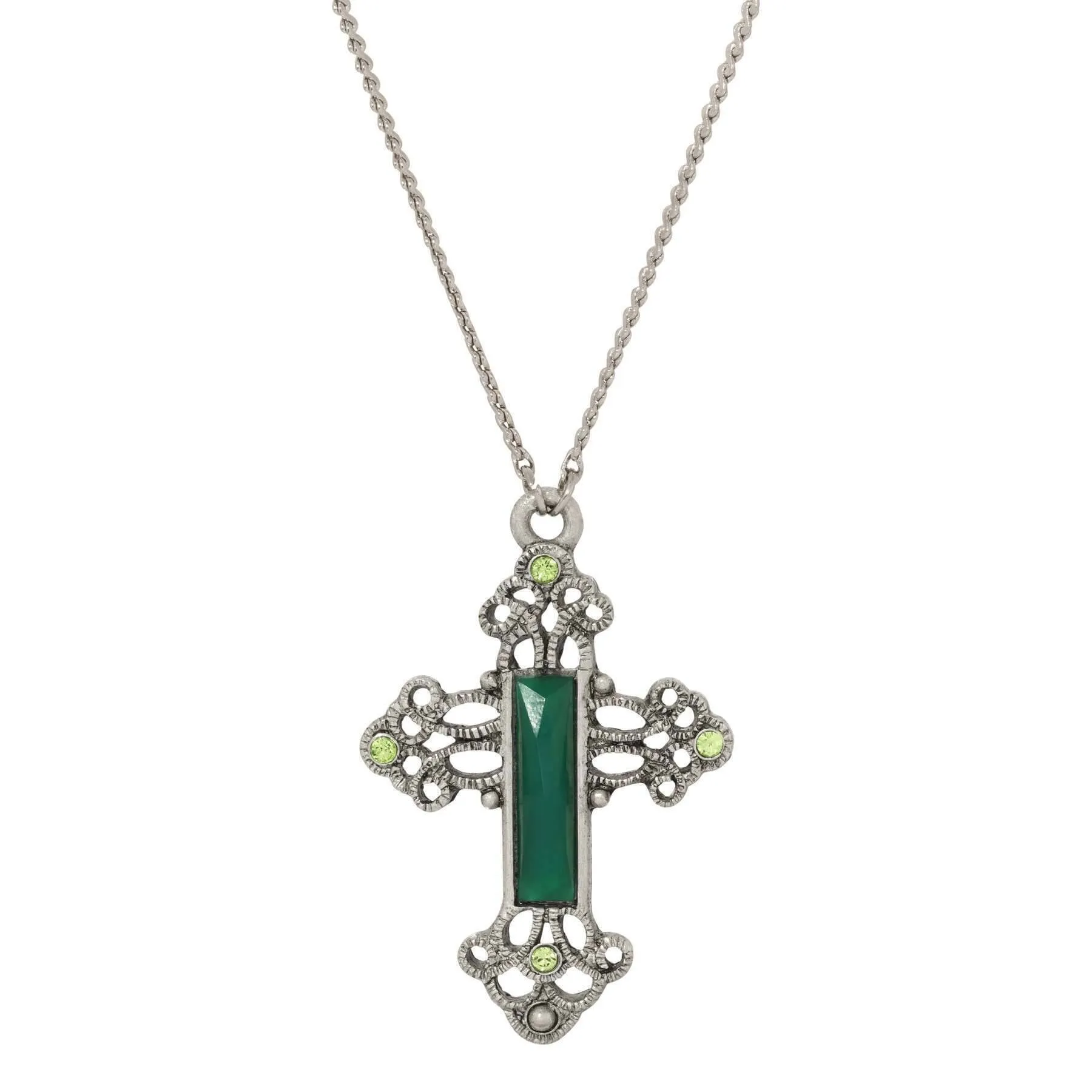 Symbols Of Faith Rectangular Stone Filigree Crystal Cross Pendant Necklace 30" 1928 Jewelry
