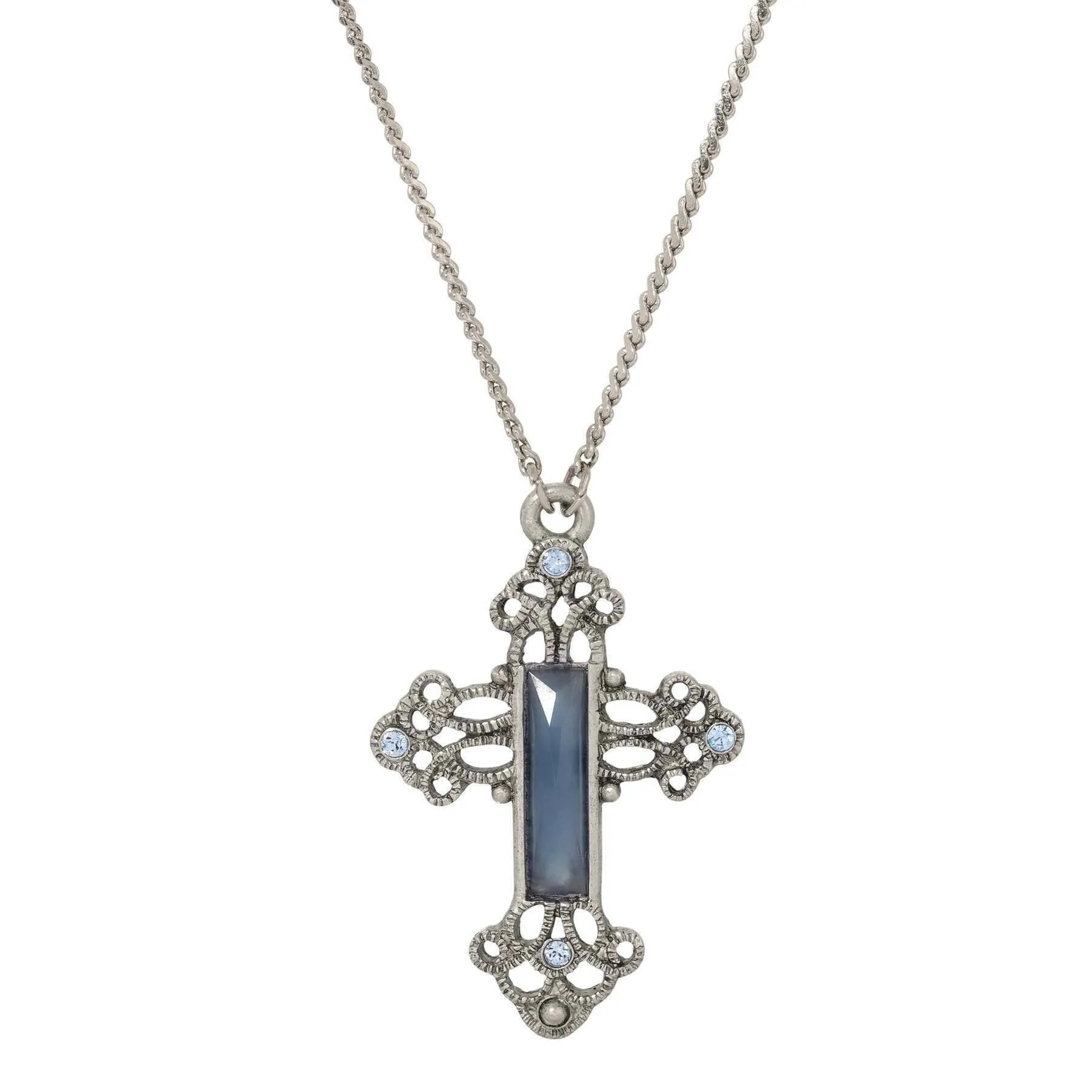 Symbols Of Faith Rectangular Stone Filigree Crystal Cross Pendant Necklace 30" 1928 Jewelry