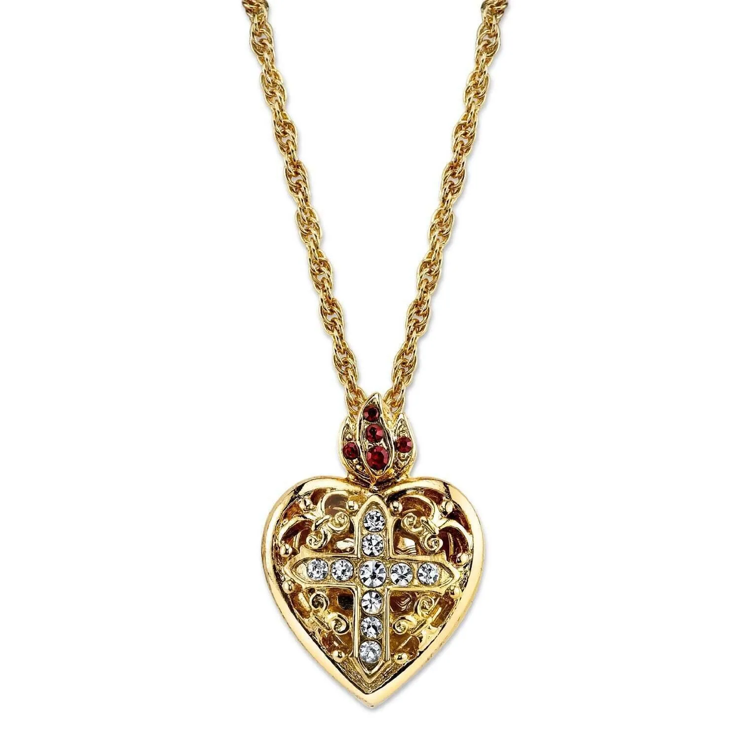 Symbols Of Faith Red & Clear Crystal Heart Cross Locket Necklace 18" 1928 Jewelry