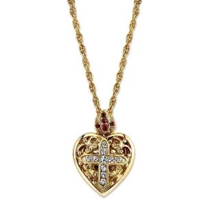 Symbols Of Faith Red & Clear Crystal Heart Cross Locket Necklace 18" 1928 Jewelry
