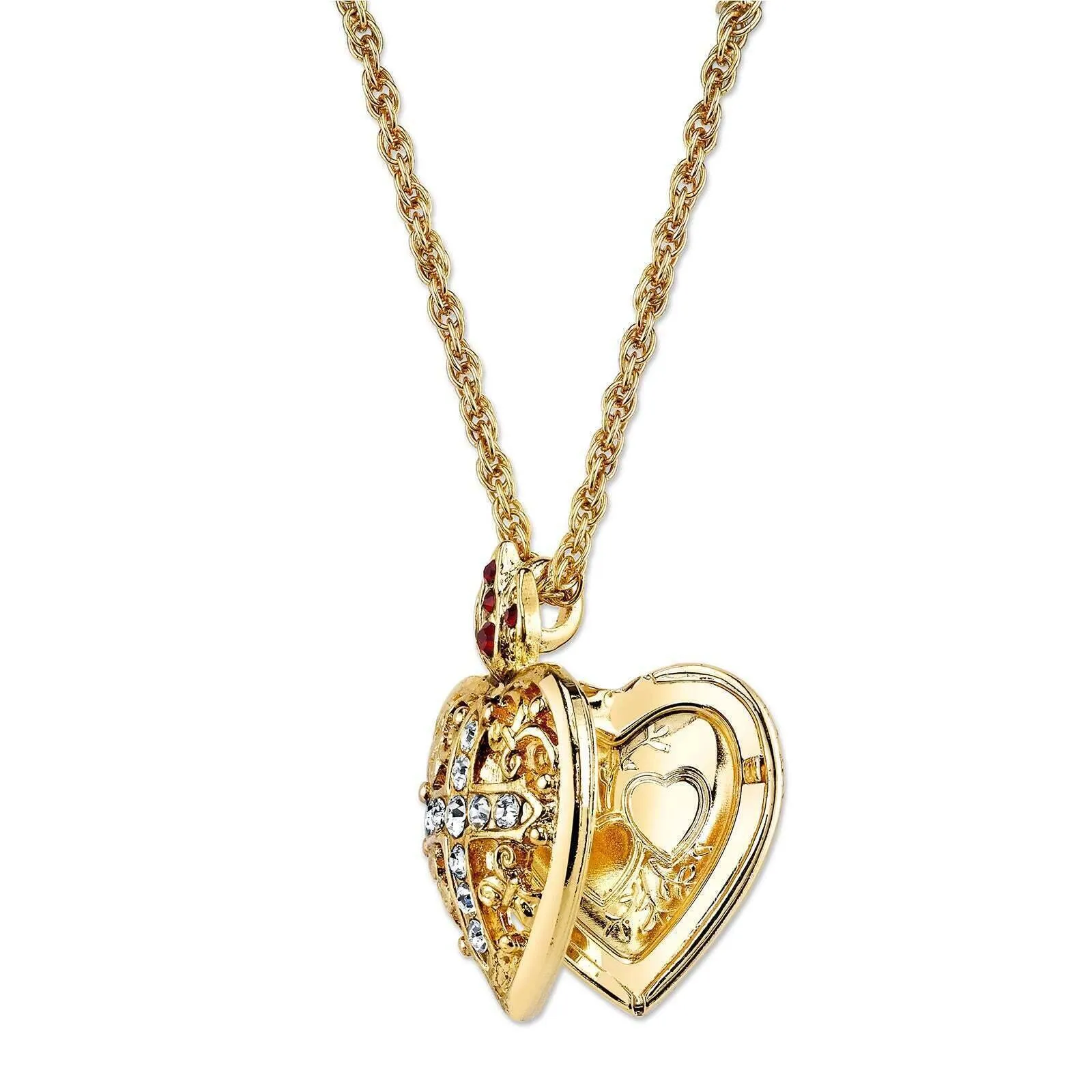 Symbols Of Faith Red & Clear Crystal Heart Cross Locket Necklace 18" 1928 Jewelry