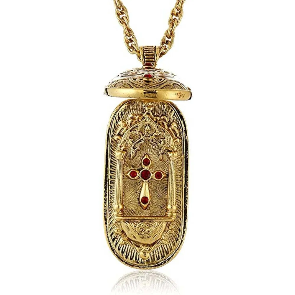 Symbols Of Faith Red Enamel Swing Open Pendant Enclosed Reliquary Crucifix Necklace 30" 1928 Jewelry