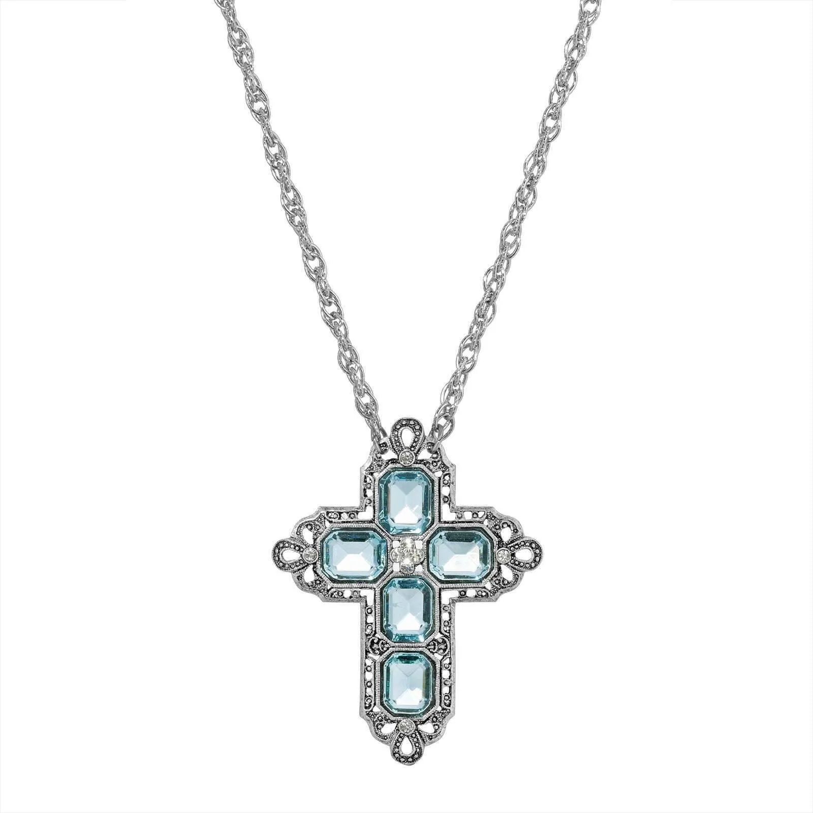 Symbols Of Faith Regal Filigree Crystal Cross Pendant Necklace 20" 1928 Jewelry