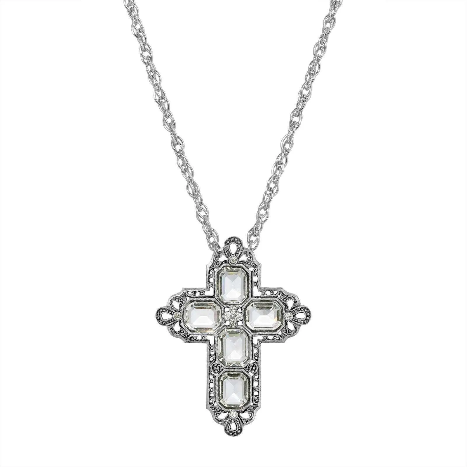 Symbols Of Faith Regal Filigree Crystal Cross Pendant Necklace 20" 1928 Jewelry