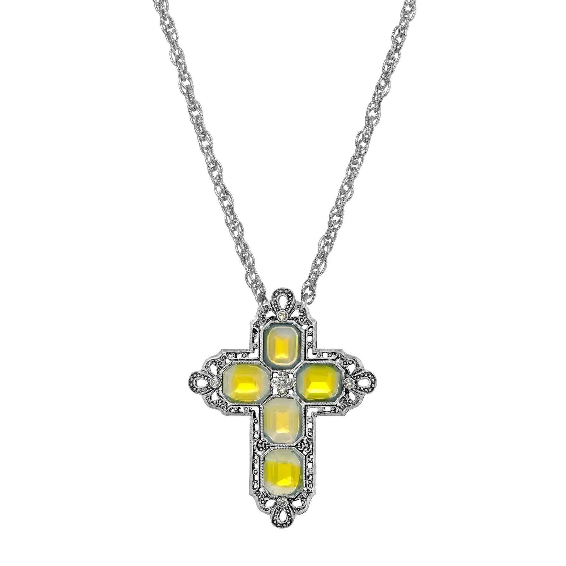 Symbols Of Faith Regal Filigree Crystal Cross Pendant Necklace 30" 1928 Jewelry