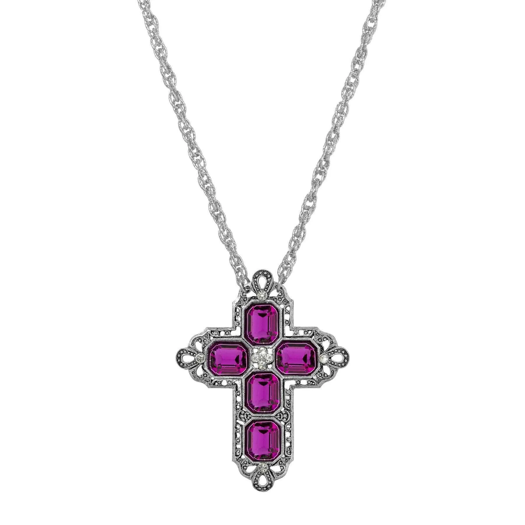 Symbols Of Faith Regal Filigree Crystal Cross Pendant Necklace 30" 1928 Jewelry