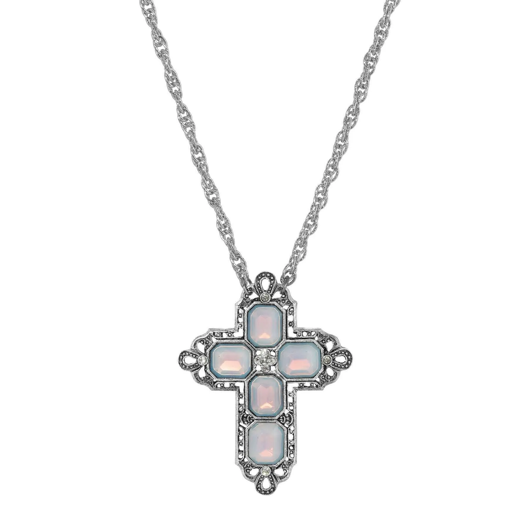 Symbols Of Faith Regal Filigree Crystal Cross Pendant Necklace 30" 1928 Jewelry