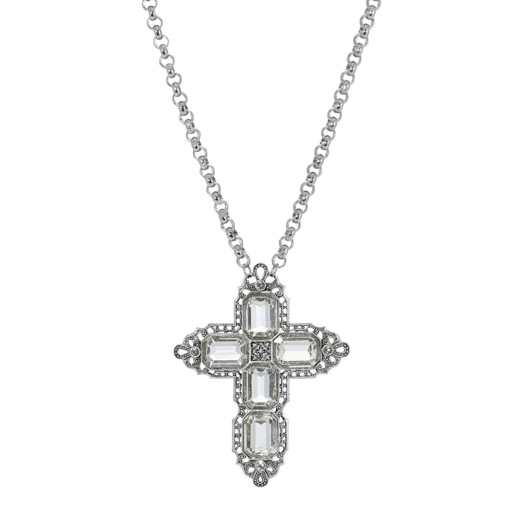 Symbols Of Faith Regal Filigree Crystal Cross Pendant Necklace 30" 1928 Jewelry