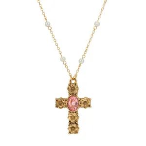 Symbols Of Faith Rose Pink Crystal Floral Cross Pendant Necklace 28" 1928 Jewelry