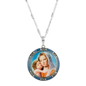 Symbols Of Faith Round Blue Enamel Mary and Child Decal Pendant Necklace 30" 1928 Jewelry