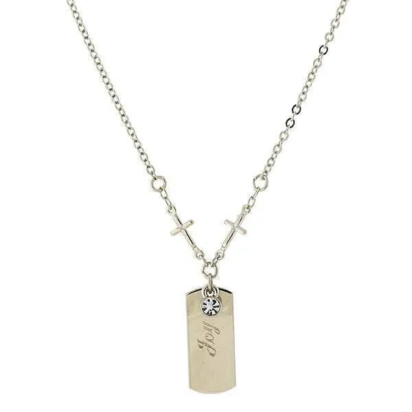 Symbols Of Faith Round Crystal And Inspirational Tag Cross Pendant Necklace 20" 1928 Jewelry