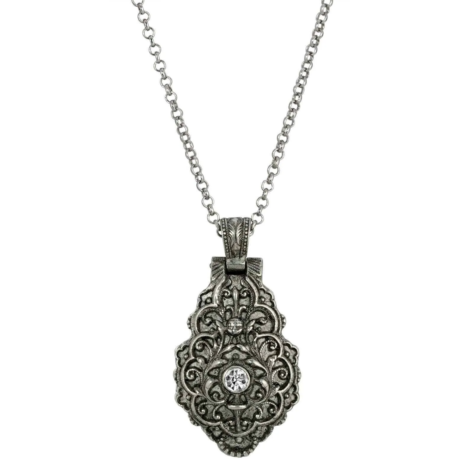Symbols Of Faith Round Crystal Blue Enamel Saint Therese of Lisieux Reliquary Necklace 28" 1928 Jewelry