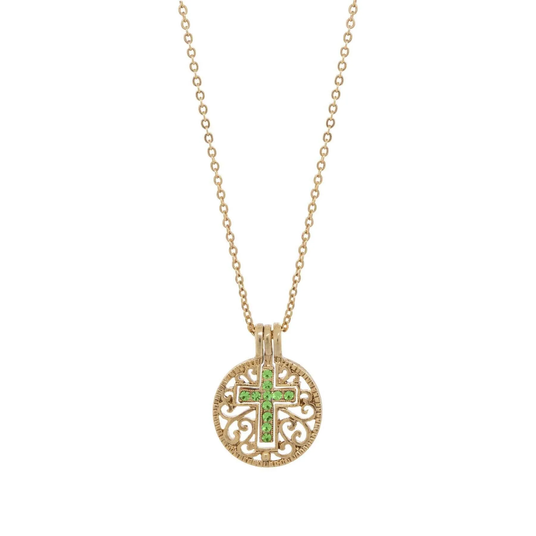 Symbols Of Faith Round Filigree Birthstone Crystal Swinging Cross Pendant Necklace 18" 1928 Jewelry