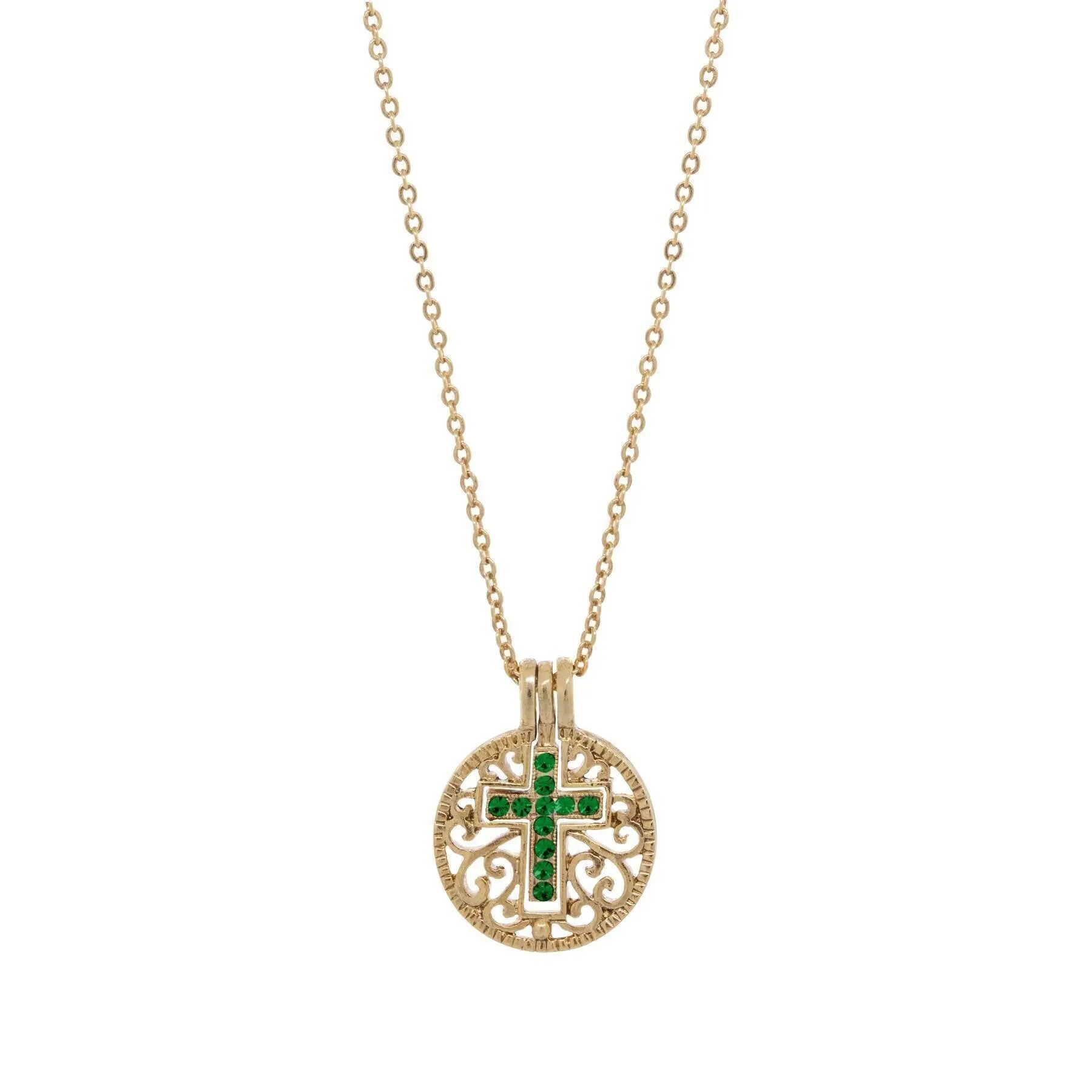 Symbols Of Faith Round Filigree Birthstone Crystal Swinging Cross Pendant Necklace 18" 1928 Jewelry
